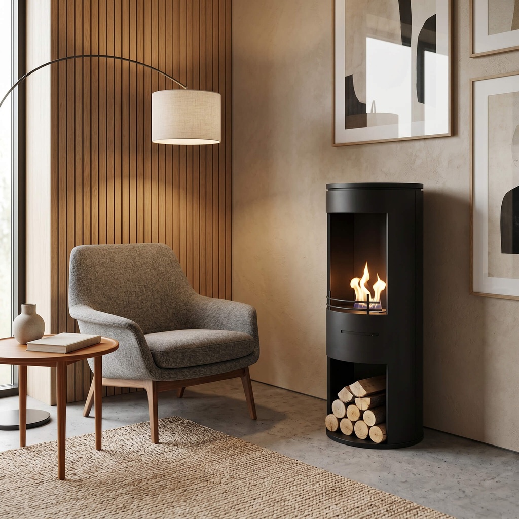 Lasize, freestanding see-through fireplace