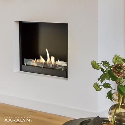 Built-in unit L with stone decor, built-in fire